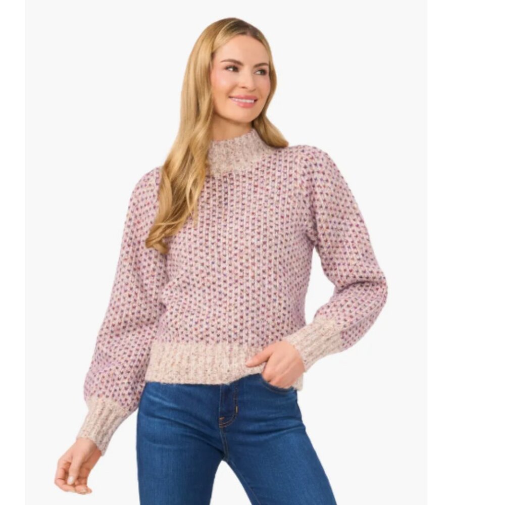 CeCe Marled Blouson Sleeve Jacquard Knit Mock Neck Thick Cozy Sweater L
